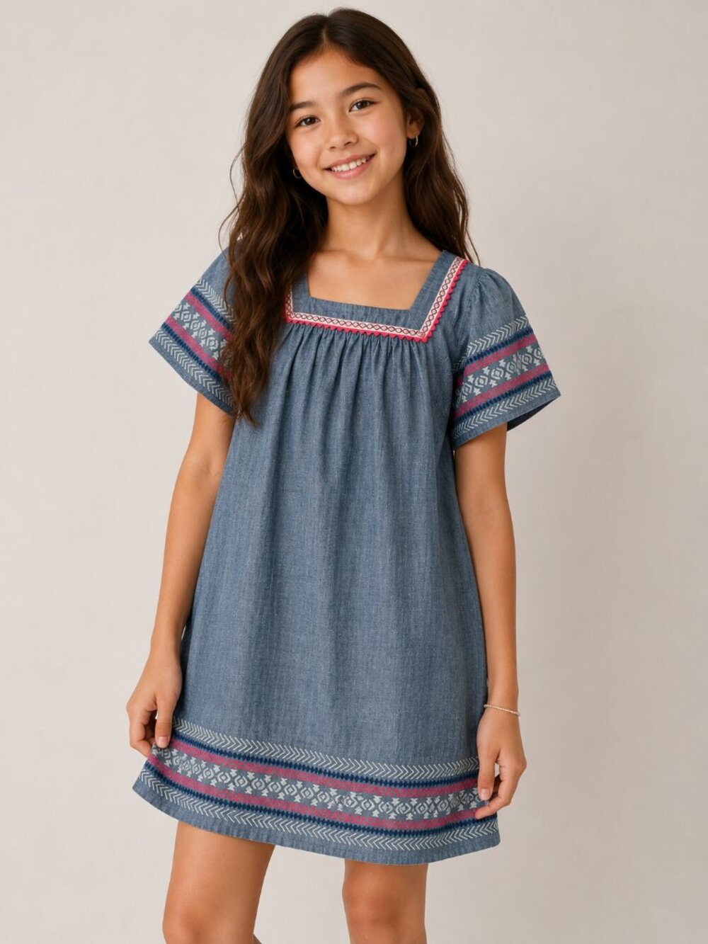 Girls XL 14/16 Chambray Embroidered Peasant Dress Blue Boho Cotton Short Sleeve